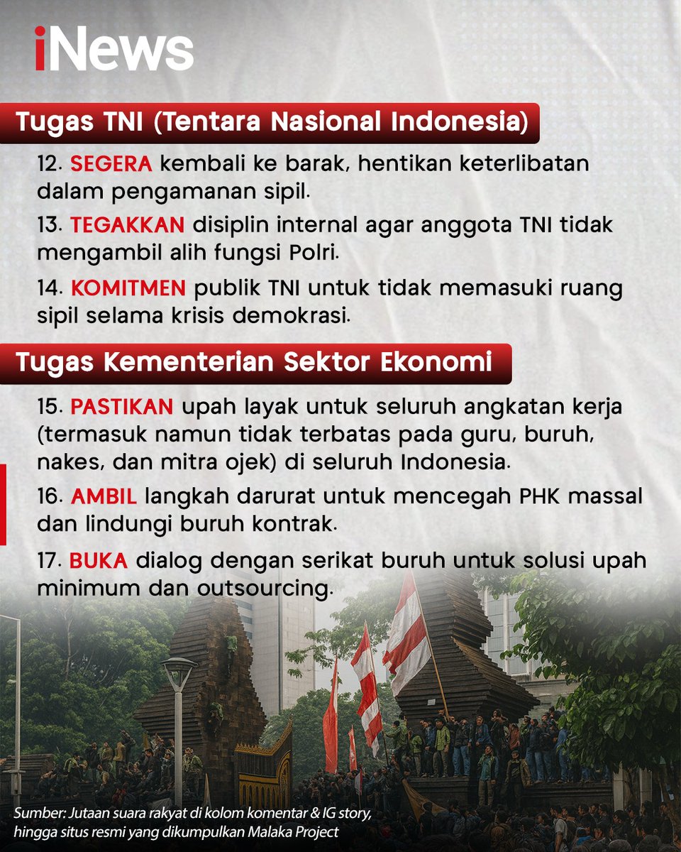 officialinews_'s tweet image. Viral di media sosial, rangkuman tuntutan rakyat bagi pemerintah dan DPR. Terdapat 17 tuntutan jangka pendek dan 8 tuntutan jangka panjang.

17+8 tuntutan itu dirilis oleh @malakaproject.id di Instagram, 17 tuntutan jangka pendek memiliki batas waktu atau deadline 5 September…