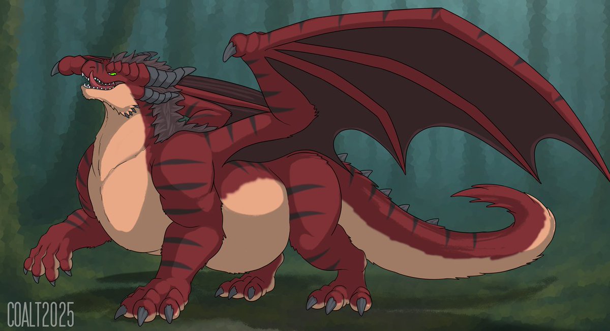 I wasn't planning on posting this, but I liked the way how this piece turned out, so here's a SFW version of my  furred dragon -- Coalt. He's having a bit of a stroll after a satisfying meal.