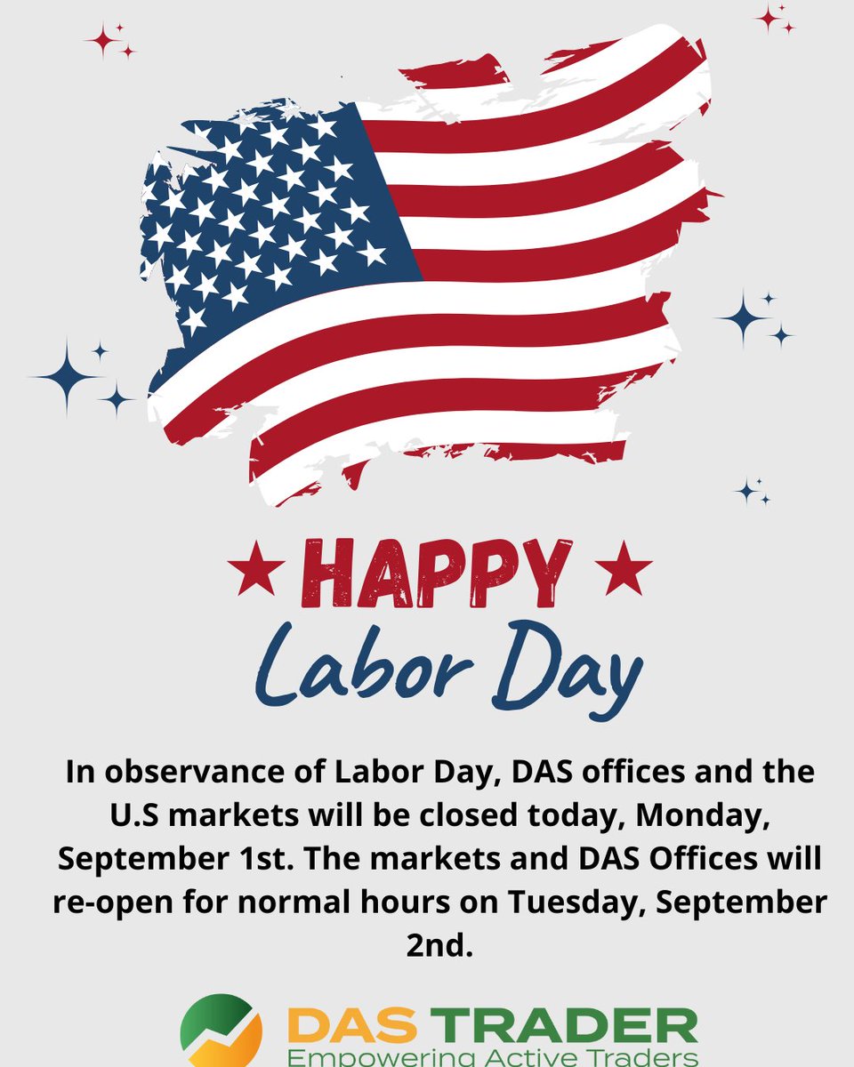 In observance of Labor Day, DAS offices and the U.S markets will be closed today, Monday, September 1st. The markets and DAS Offices will re-open for normal hours on Tuesday, September 2nd.