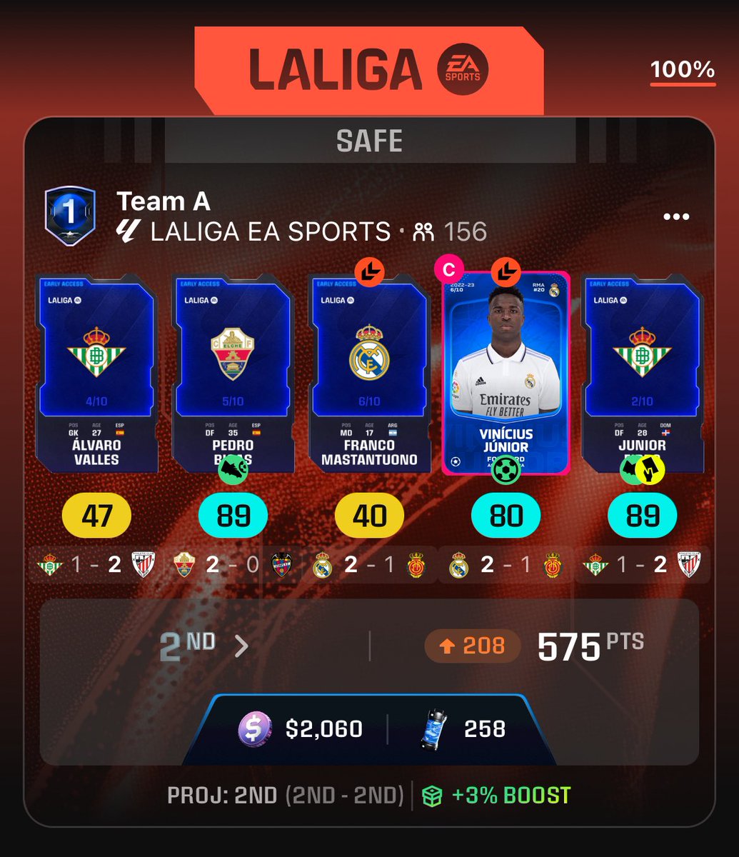 Il y a cinq jours je gagnais deux cartes de LaLiga en rewards. Après réflexion je me suis dit allez go je vais acheter quelques joueurs pour me monter une team.

Je pars scouter, j’investis 785€ au total (Bigas, Firpo, Liso et Palazon U OFF) et pour ma première tentative…