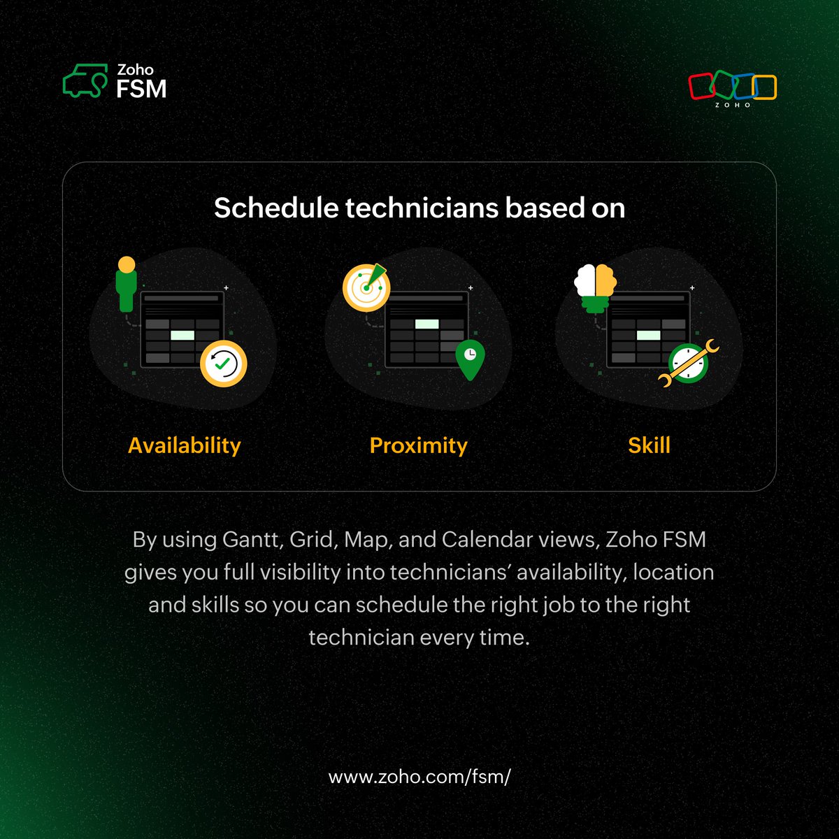 Zoho FSM takes the complexity out of scheduling, showing who’s available, where they are, and what skills they bring, so dispatchers can match the right person to every job and help service businesses improve their first-time fix rates.
 
Read more: zurl.co/quQmb