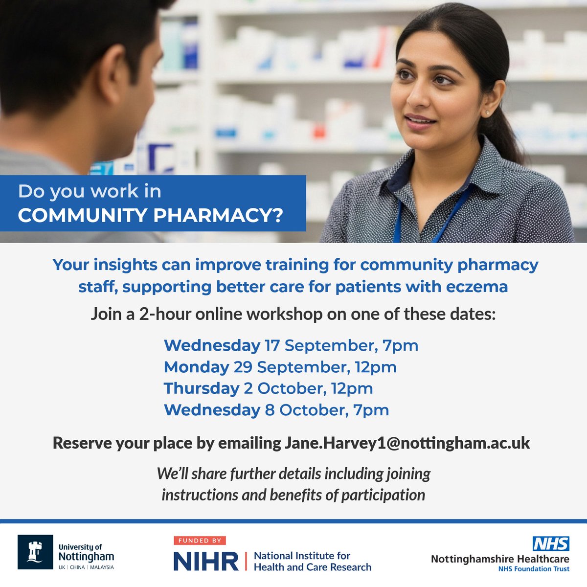 CebdNottm's tweet photo. @Pharmres_profs Would you be able to share this with your members? 

It's an opportunity for those working in community pharmacy to contribute their insights and support their own professional development whilst strengthen patient care.  

Contact: Jane.Havey1@nottingham.ac.uk https://t.co/QCyVdQubUB