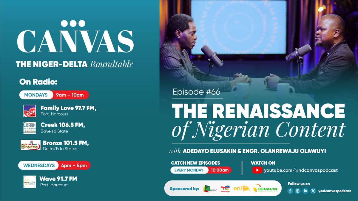Canvas: The Niger-Delta Roundtable (@ndcanvaspodcast) on Twitter photo Episode #66: The Renaissance of Nigerian Content with our anchor <a href="/Dee_shark/">dayo elusakin</a> and our guest Engr. Olanrewaju Olawuyi, click here to listen 👇🏾 youtube.com/@ndcanvaspodca…
Brought to you by Renaissance Africa Energy Company Ltd @raecafrica
#nigerdelta #canvas #podcast Episode #66: The Renaissance of Nigerian Content with our anchor <a href="/Dee_shark/">dayo elusakin</a> and our guest Engr. Olanrewaju Olawuyi, click here to listen 👇🏾 youtube.com/@ndcanvaspodca…
Brought to you by Renaissance Africa Energy Company Ltd @raecafrica
#nigerdelta #canvas #podcast