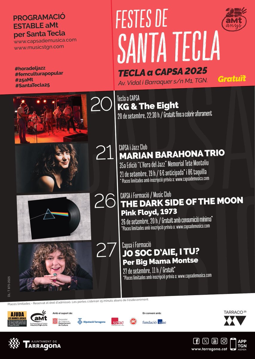LA #CAPSADEMÚSICA ARRENCA EL NOU CURS AMB #MÚSICA EN #DIRECTE #concerts per #festes de #SantaTecla25 les versions d’uns músics anglosaxons residents de fa anys a TGN #KGandTheEight i #Jazz amb #MarianBarahona trio i la #formacio #musical amb #PINKFLOYD i el #AIE amb la #Bigmama