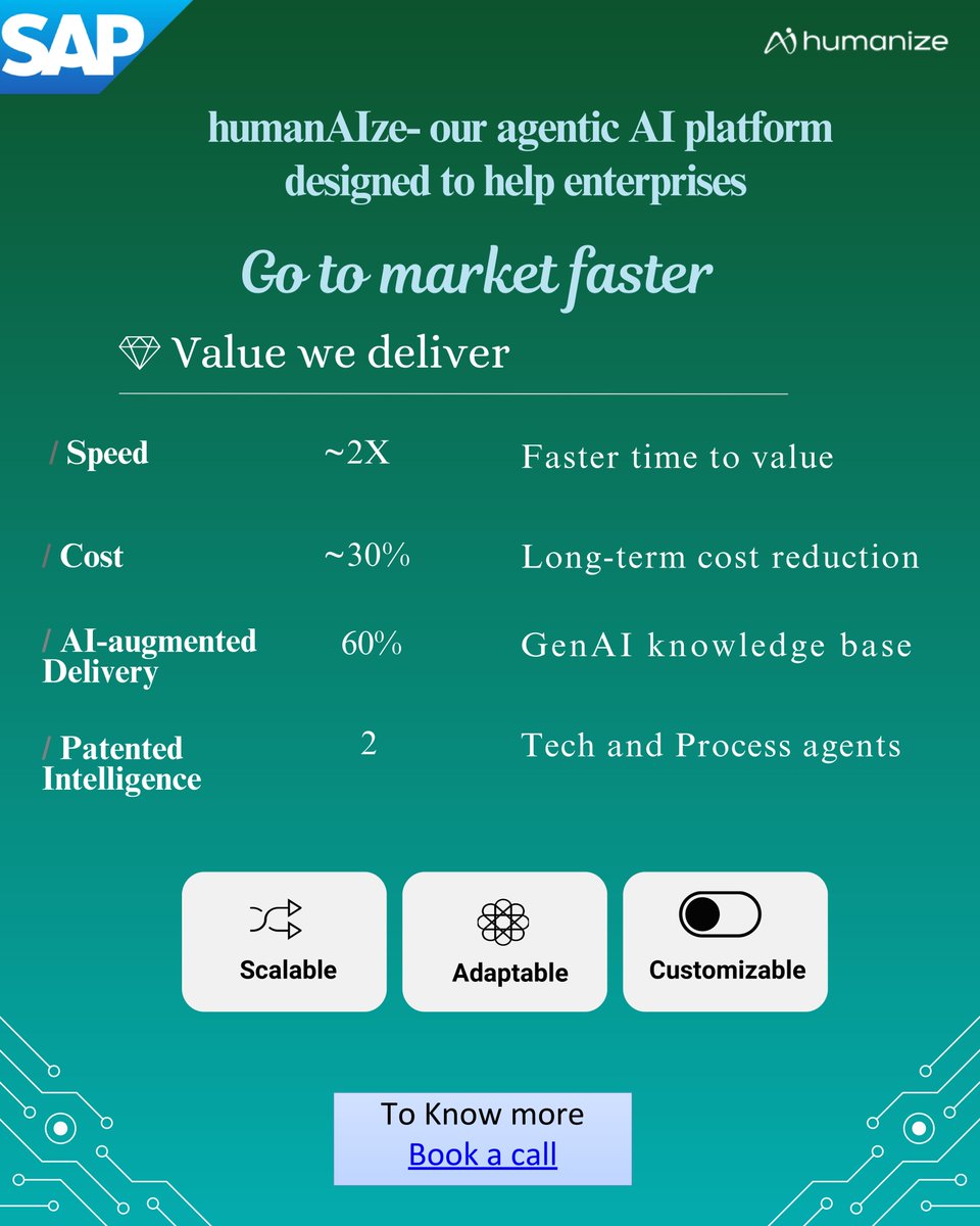 humanizetech_ai's tweet photo. 40% of SaaS migrations face delays, costing ~$600K (IDC).

ERP doesn’t have to be this painful.

With SLaiCE + humanAIze, we cut costs ~30%, speed up by 60%, &amp; deliver 2X faster value.

Patented. SAP-native. Touchless.

👉 https://t.co/AaEB8dPaPg

#humanizingtechnology https://t.co/WFiI5Gbb2A
