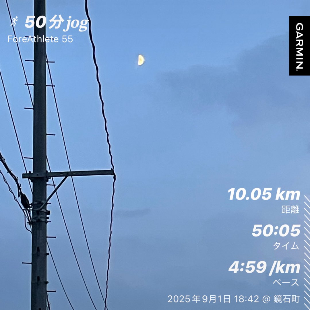 夜ラン🌙*ﾟテーパリング𝐃𝐚𝐲3
50分𝐣𝐨𝐠🏃³₃ 5:00/kmで10㌔🫠💦からの100m流し3本🏎💨

9月初日は、まずまず快調に走れました🙆🏻今日も健康に走れたことに感謝🙏✨️

雲間に現れた半月🌓思わず見入ってしまいました🥹…Moonlight running🏃‍♂️🏃‍♀️🐕 ͗ ͗

#ランニング #ジョギング #夜ラン #月