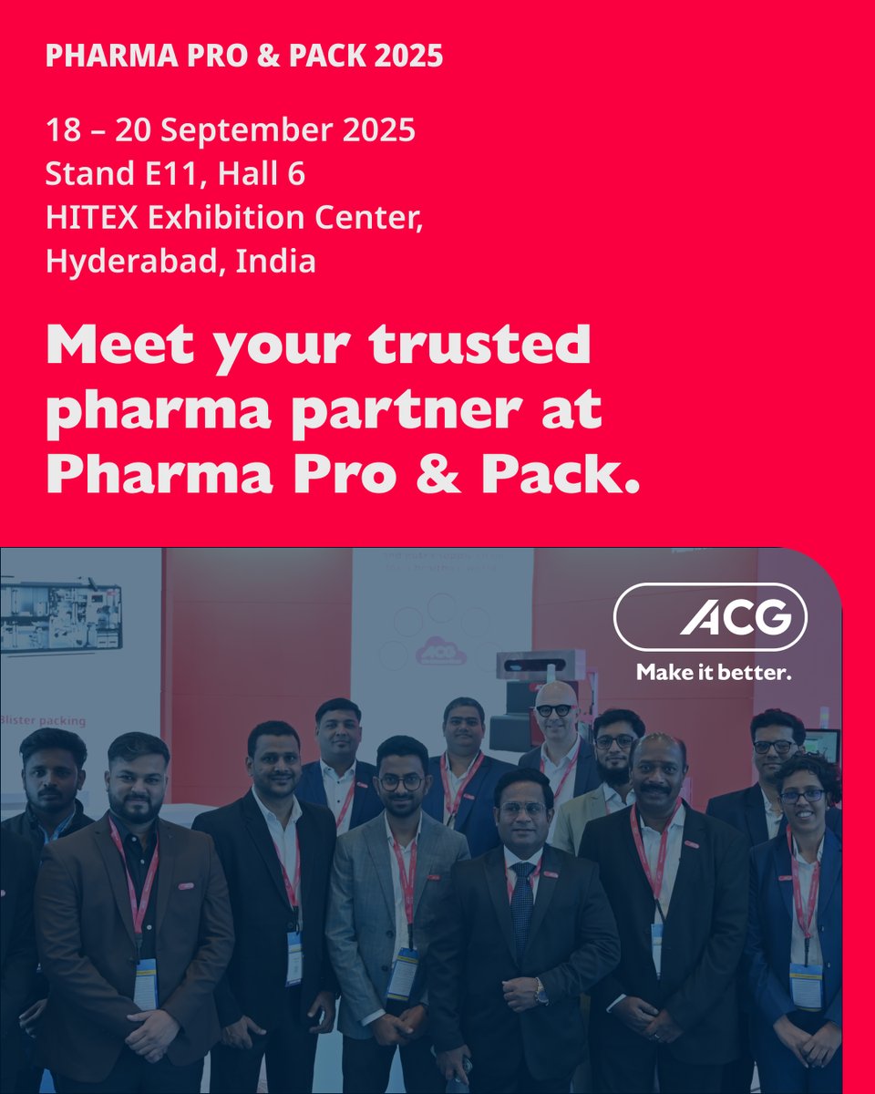 ACGWorld's tweet image. For over 60 years, we’ve been by the side of Indian pharma. More than a supplier – we’re your on-the-ground partner with world-class innovation and homegrown insight to help you do business better.

Schedule your exclusive meeting  - lnkd.in/dDaXJNXg

#PharmaProPack