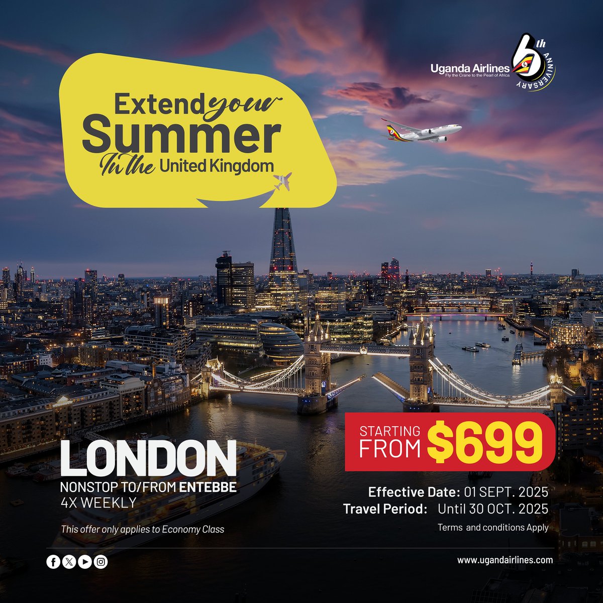 UG_Airlines's tweet photo. #URpromos A new month brings way more fresh promos!🎁 Extend your summer with these massive discounts flights to/fro London🇬🇧 today!!✈️
Book now: https://t.co/AnHwKQzIH8
#FlyUgandaAirlines #6thanniversary https://t.co/oTqdiuoLuz