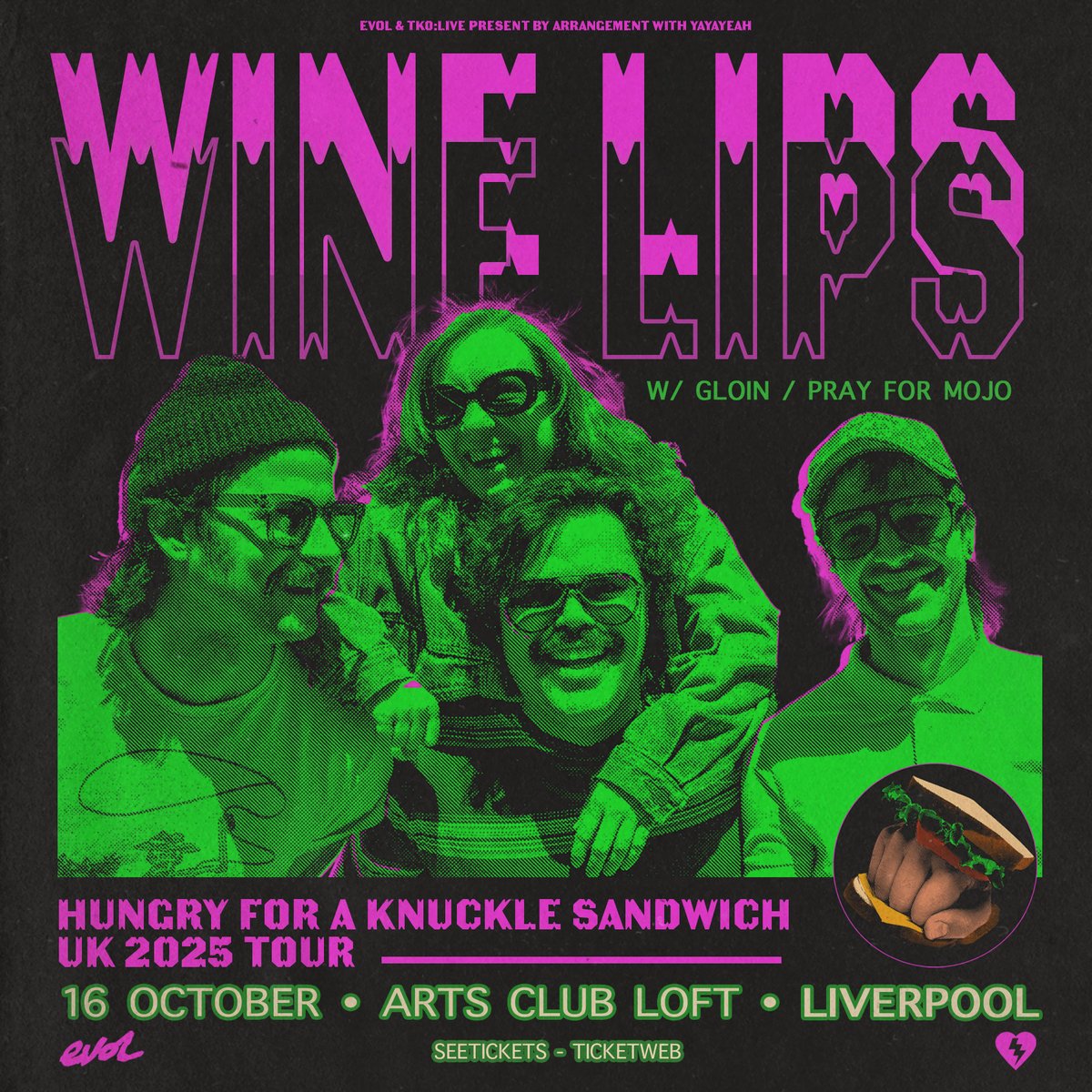 Are you Hungry For A Knuckle Sandwich? Well, Canada's <a href="/Winelipsband/">Wine Lips</a> deliver the goods with a psych-rock smack in the face you'll feel fizzing in the tips of your fingers &amp; toes. October 16th <a href="/artsclublpool/">Arts Club Liverpool</a> w/ GLOIN &amp; <a href="/PrayMojo/">Pray for Mojo</a>.

Tickets: seetickets.com/event/wine-lip…

📸<a href="/LucyMcLachlan_/">lucy mclachlan</a>