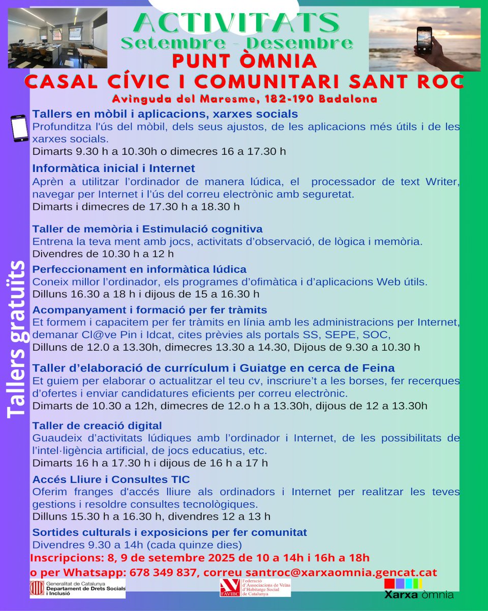 #badalona Obrim les inscripcions als tallers de l'<a href="/omniasantroc/">Pascal de l'Òmnia</a>.
Els esperem el dilluns 8 i dimarts 9 de setembre de 9.30 a 14 h, i de 16h a 18h. Som-hi!
També, pot sol·licitar informacions al Whatsapp: 678349837 (Pascal)
#XarxaÒmnia #tallersinformàtica #tallermóvil #TallerMòbil