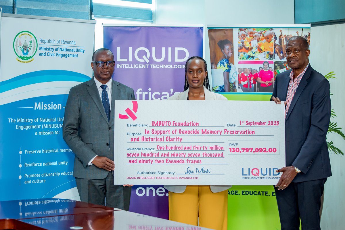 This morning, Minister <a href="/DrDamascene/">Dr. Jean Damascene BIZIMANA</a> received a symbolic cheque of 130,797,092 Rwandan francs from Liquid Intelligent Technologies <a href="/LiquidInTechRW/">Liquid Intelligent Technologies Rwanda</a> during a handover ceremony attended by representatives of MINUBUMWE, Imbuto Foundation <a href="/Imbuto/">Imbuto Foundation</a>, and Liquid Intelligent Technologies.