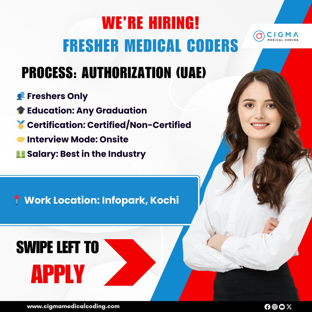 cigmahealthcare's tweet image. We’re Hiring – Medical Coding Fresher (Authorization - UAE Coding)
An amazing opportunity to kickstart your career in Authorization - UAE Coding is here!
Apply Now: cigmamedicalcoding.com/job-vacancies/…
#MedicalCodingJobs #MedicalCodingFresher #UAEcoding #AuthorizationCoding