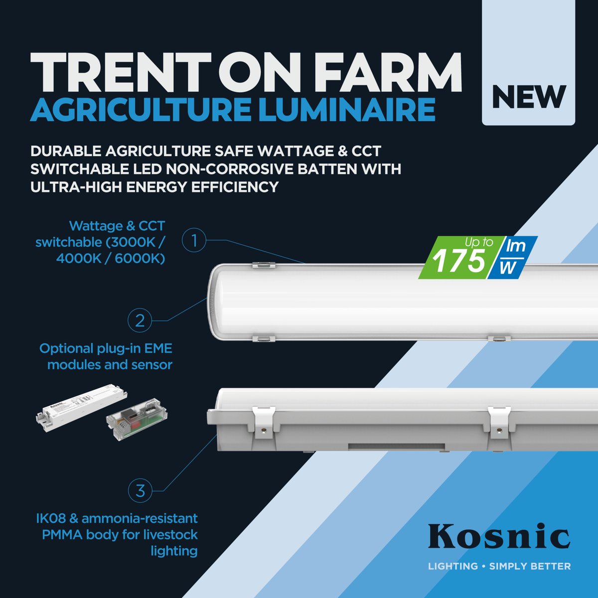 Introducing the new Trent On Farm! 

This durable, ammonia-resistant and non-corrosive light is perfect for agricultural settings. It's customizable with different CCTs, wattages, and optional plug-in modules, and offers ultra-high efficiency of up to 175lm/W. 

#KosnicLighting