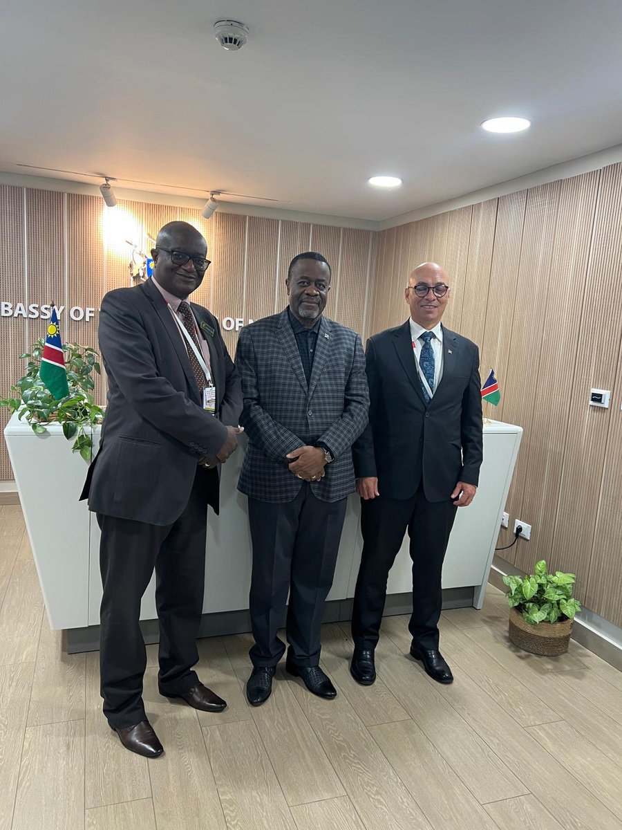 AmbAddis's tweet image. H.E. Amb. Mbapeua Muvangua, Ambassador of the Republic of Namibia to Addis Ababa, received a courtesy visit from Dr. Michael Humavindu, Executive Director at the Ministry of Finance, and Mr. Bryan Eiseb, Director of the Financial Intelligence Centre at the Bank of Namibia.
