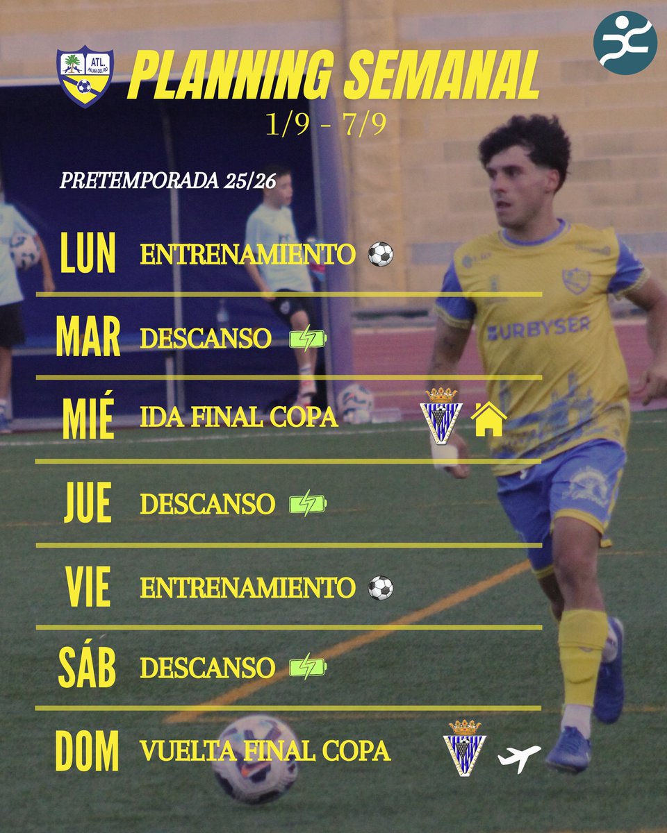 🏋🏽 𝐏𝐋𝐀𝐍𝐍𝐈𝐍𝐆 𝐒𝐄𝐌𝐀𝐍𝐀𝐋 - 𝐏𝐫𝐞𝐭𝐞𝐦𝐩𝐨𝐫𝐚𝐝𝐚 𝟐𝟓/𝟐𝟔 🔋

⚽️ ¡Esta semana tendremos la final de la Copa Andalucía!

🔜 Nos enfrentamos al <a href="/udmaracena1945/">UD Maracena</a> 

✈️ Ida: Estadio Sergio León | mié. 3

🏠 Vuelta: Maracena | dom. 7 

#AmarilloYAzul 🟡🔵