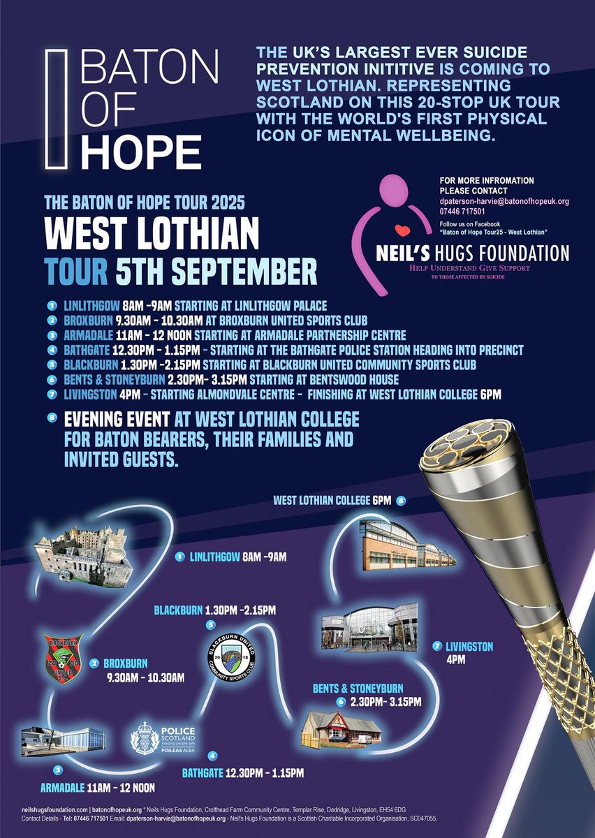 West Lothian hosts the only Scottish stop on the #batonofhope relay this Friday 5th Sept and two wonderful local sporting orgs are muster points <a href="/BroxburnUnited/">Broxburn United</a> and <a href="/BlackburnUtdCSC/">Blackburn United Community S.C.</a> . Please support the baton bearers if you can #bohtour2025 <a href="/sportscotland/">sportscotland</a> <a href="/ScotFASouthEast/">South East Region</a>