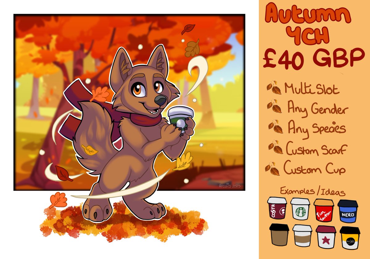 🍁As the leaves turn - Autumn/fall YCH 🍁
£40 GBP 

🍂 Multislot YCH
🍂 Any gender
🍂 Any species
🍂 Custom scarf + take-away cup design 
🍂 Backgoundless version included to use as an asset/sticker 

Want one? Fill out the form below! 
form.jotform.com/Arcais/autumn-…