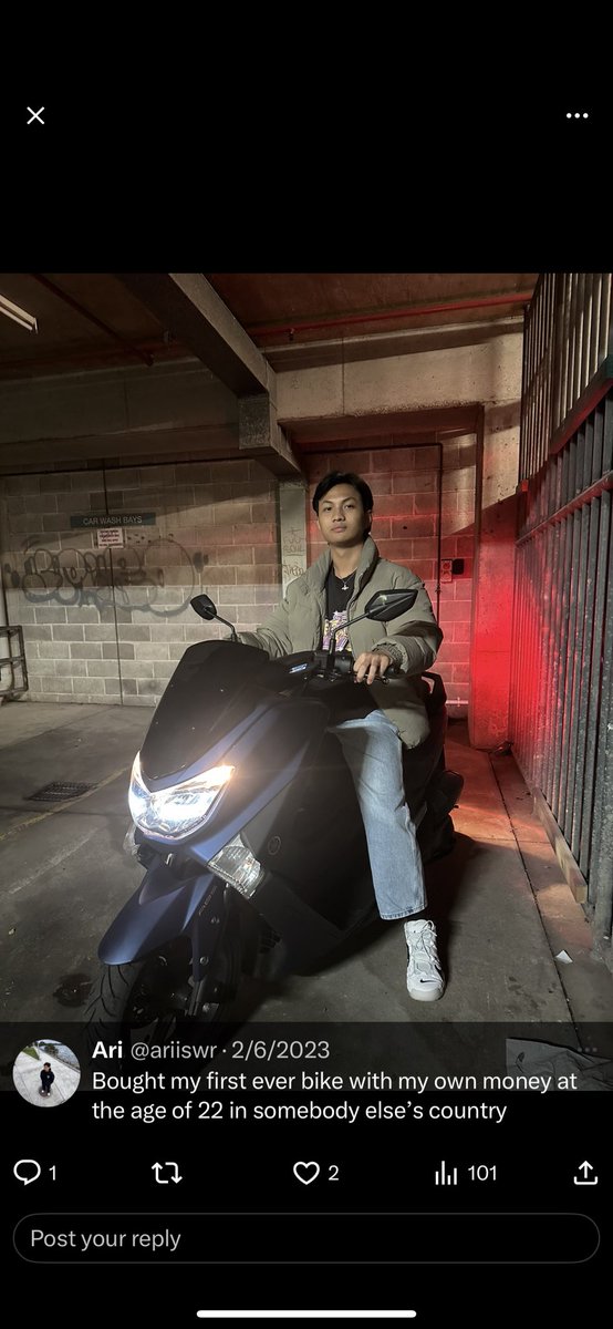 ariiswr's tweet photo. 2023                           2025
Bought my very       Bought my very first
first motorbike.        car.

2019 was just sitting in my room playing valorant a whole day thinking I’d definitely be a failure in the future. Life is crazy when you actually take all of the chances. https://t.co/hZFxrPaFAI