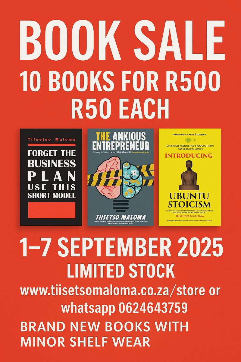 THIS IS CRAZY!
We won’t do this again.

📚 10 Books for ONLY R500
(or R50 each – while stocks last!)

🗓 1 – 7 September 2025
⏳ Limited stock!

All books are brand new (with slight shelf wear).

📍 Order now: tiisetsomaloma.co.za/store
💬 WhatsApp: 062 464 3759