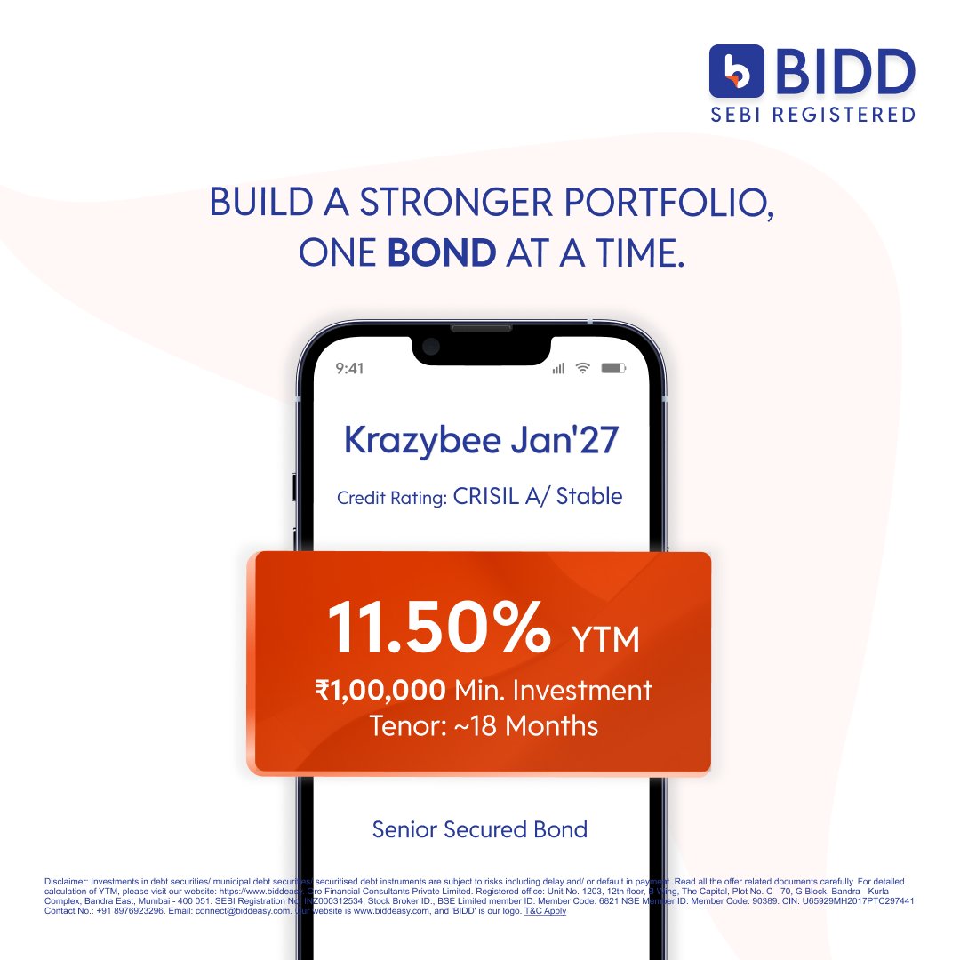 BiddEasy's tweet image. 📢 Bond in Spotlight: Krazybee Jan’27
💰 11.50% XIRR | ~18 Months Maturity
🔒 Min. Investment: ₹1,00,000

KrazyBee Services, an RBI-registered NBFC headquartered in Bengaluru, provides tech-driven lending solutions through its KreditBee app.

#Bidd #BiddEasy #Bonds