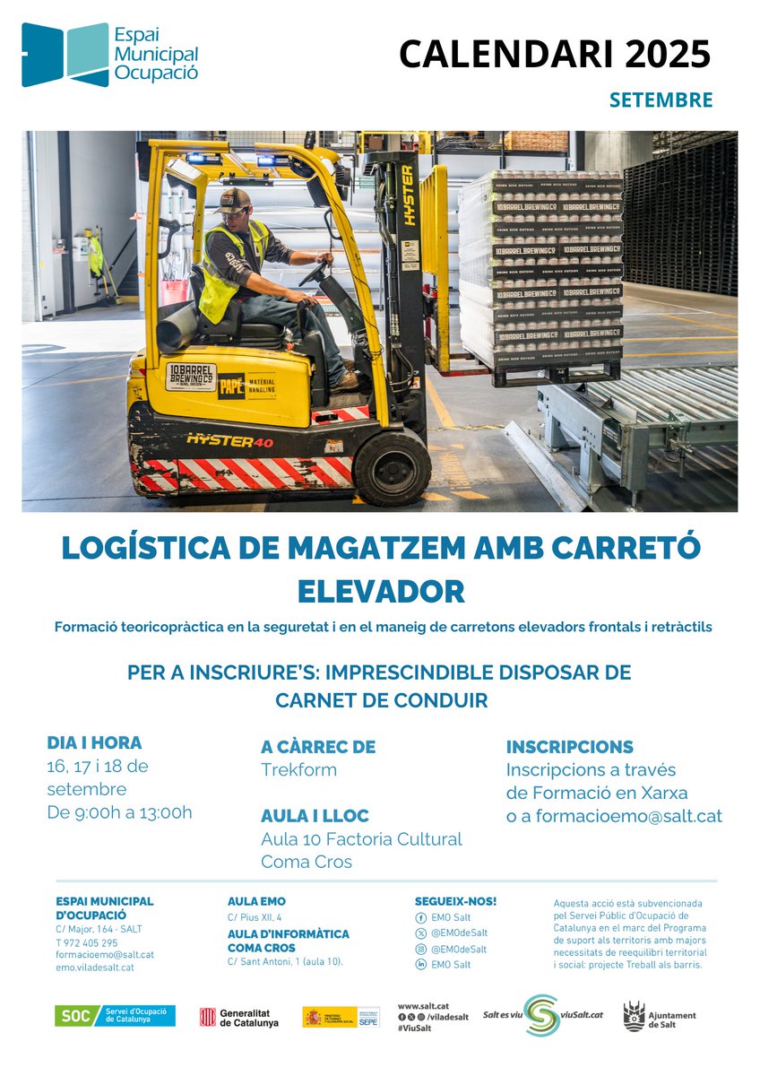 🔛Des de l'#EMOdeSalt iniciem setembre amb formacions pràctiques. 
Una d'elles és la de 'Logística de magatzem amb carretó elevador' (Inclou carnet de carretoner/a) 🛺
ℹ️Sessió informativa dimecres 3 de setembre 
Per a més informació 👇emo.viladesalt.cat/calendari/o al ☎️972 405 295