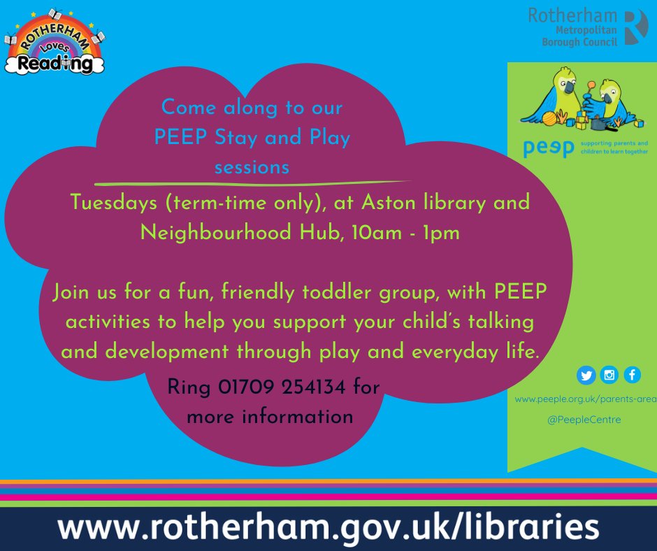 RothLibraries's tweet image. Come along to our PEEP Stay and Play sessions at Aston Library.
Restarting on Tuesday 9th September, join our fun, friendly toddler group, with PEEP activities to help you support your child’s speech and development through play and everyday life.
Tuesdays (term-time) 10- 1.