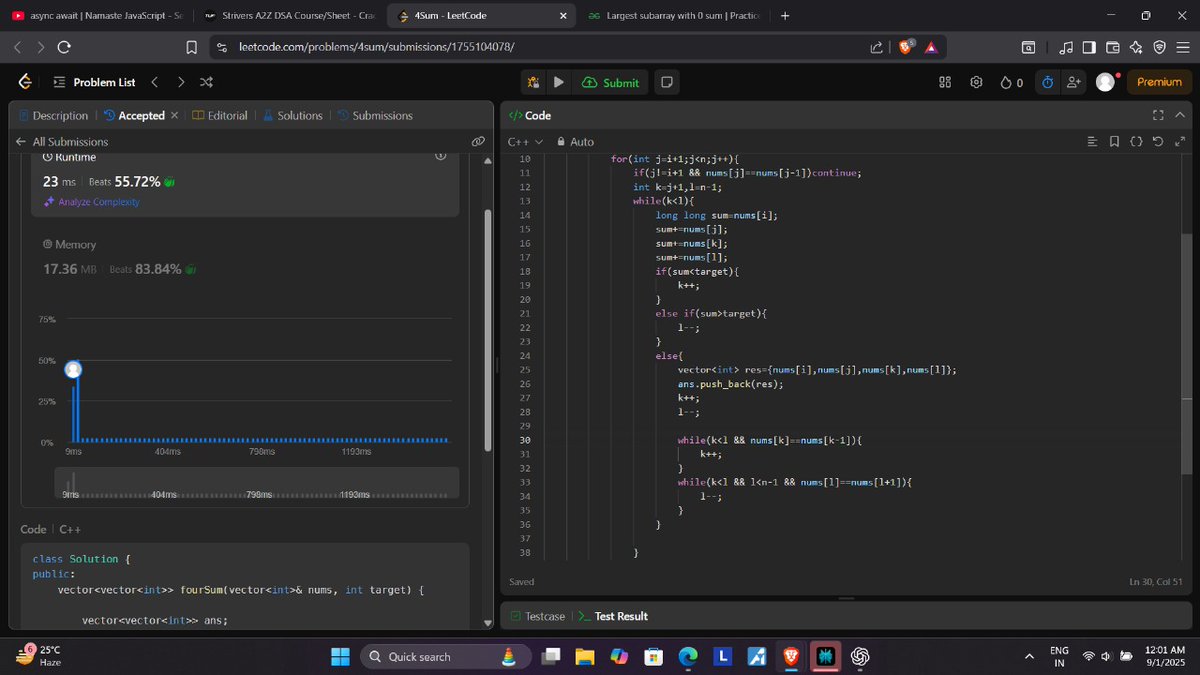sahu_ipesh's tweet image. Day 11 of #100daysofcode

-&amp;gt; Solved 4Sum on LeetCode &amp;amp; Largest Subarray with 0 Sum on GFG today 

-&amp;gt; Also learned about async/await from Namaste JavaScript 

#buildinpublic #webdev #dsa