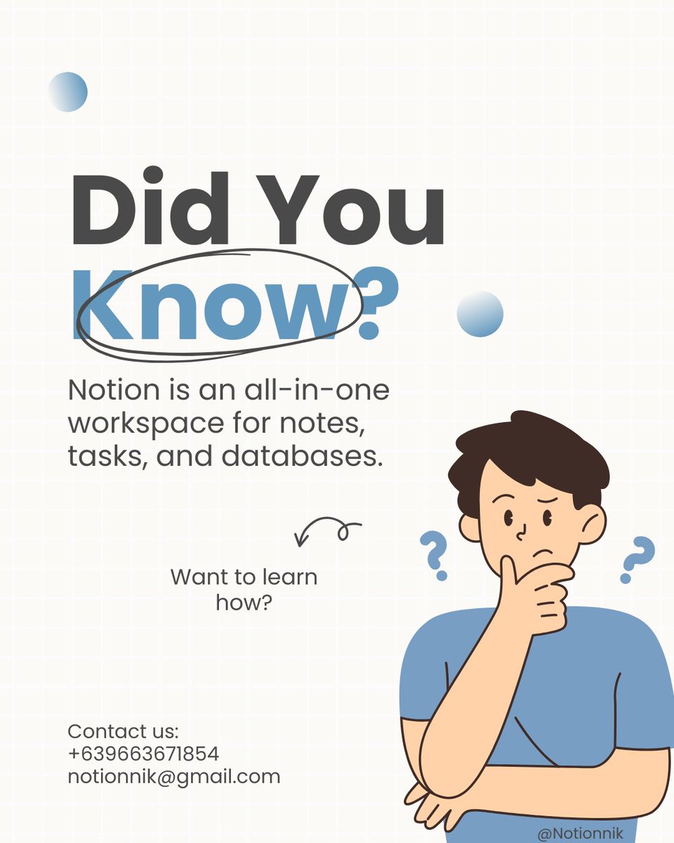 Jannik66788420's tweet image. "Did you know?
Notion can turn chaos into a streamlined system. Let me set it up for you and boost your workflow!"
Start today – DM me!
#NotionPro #WorkflowMagic #SmartWorkspaces