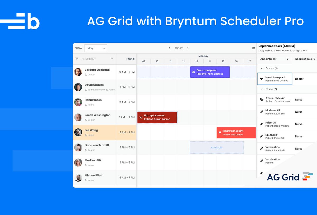 bryntum's tweet image. 📅📈 Want to use AG Grid alongside Bryntum Scheduler Pro?

Our step-by-step guide shows you exactly how to integrate @ag_grid. Grids are the perfect place to keep unscheduled tasks until they are ready to be assigned.

Get building 🔗
bryntum.com/blog/how-to-in…

#aggrid #bryntum