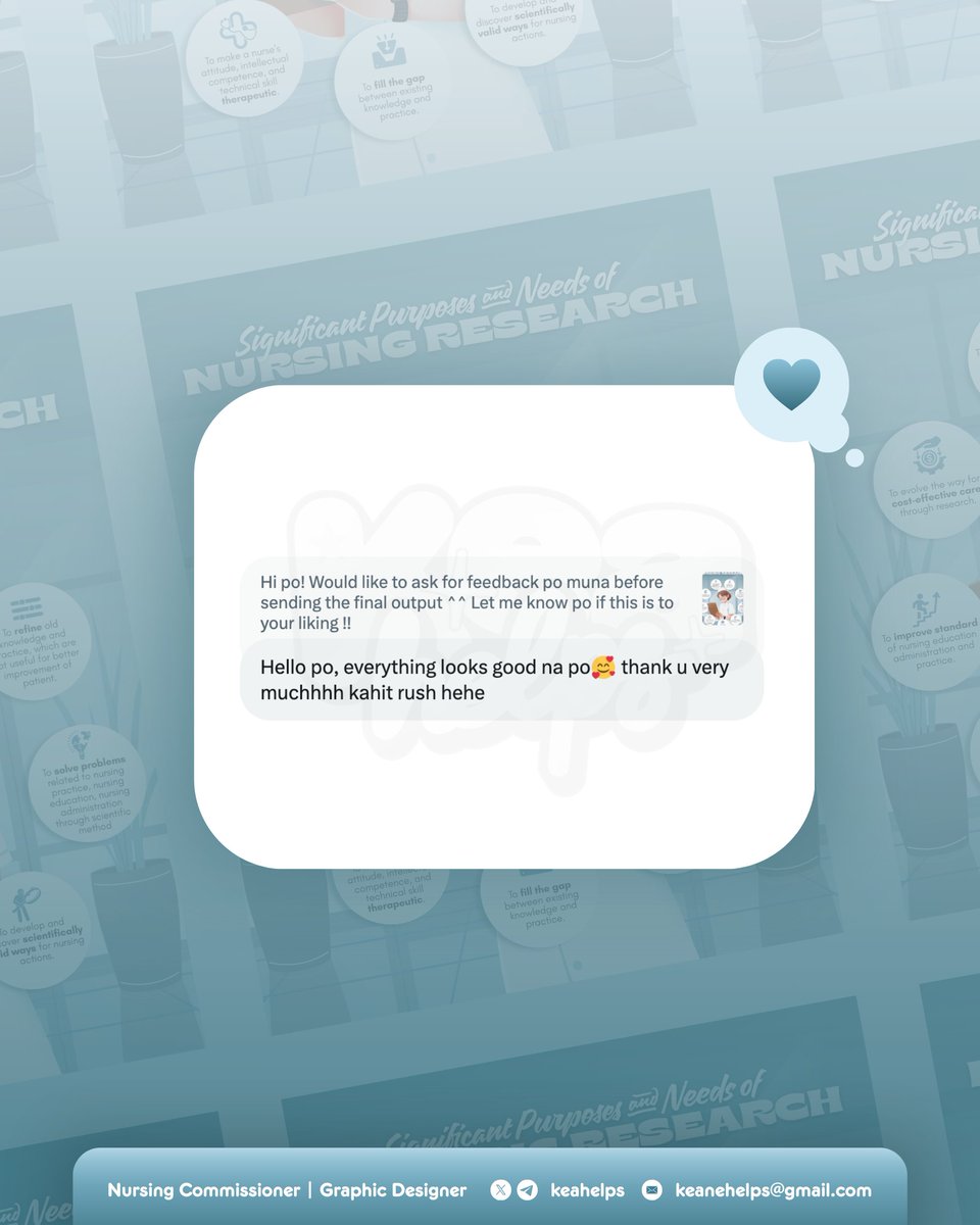 keahelps's tweet photo. 📮 𝗦𝗔𝗠𝗣𝗟𝗘𝗦 & 𝗙𝗘𝗘𝗗𝗕𝗔𝗖𝗞 ── #TYSMKEANE

A returning client commissioned me to watch a video on 🩺 NURSING RESEARCH 🔍and list down through creative presentation the significant purposes and needs of nursing research. 

Although the client asked to create a simple infographic, I couldn't help myself and made it a bit ✨ extra ✨. Fortunately, the client loved the output!

Thank you so much Mx. R for trusting me once again! 🩷

🎟 looking for lf client nurse student acad academics designer comms commission bsn graphic design magazine poster infographics powerpoint ppt slides canva timeline pubmat publication materials shirt tshirt tote bag logo rebranding brochure pamphlet template booklet flyer product packaging canva adobe illustrator