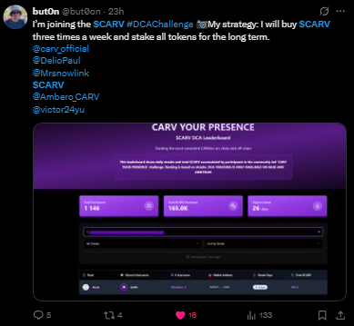 0xvito (@victor24yu) on Twitter photo Yappings aside, it is actually real nice to see <a href="/carv_official/">CARV</a> community members DCAing $CARV daily.
Kudos to:
<a href="/maltokripto/">malto.sui | CARV |đź¦/acc/「🦑」</a>
<a href="/Esinzi/">Müge (🌸, 🌿)</a>
<a href="/but0on/">but0n</a>
<a href="/shinjaejin80/">Jini</a>
and many more for participating actively.
And kudos to <a href="/Mrsnowlink/">Mr snow - Based</a> and <a href="/DelioPaul/">Paul</a> for kickstarting this initiative 🫡 Yappings aside, it is actually real nice to see <a href="/carv_official/">CARV</a> community members DCAing $CARV daily.
Kudos to:
<a href="/maltokripto/">malto.sui | CARV |đź¦/acc/「🦑」</a>
<a href="/Esinzi/">Müge (🌸, 🌿)</a>
<a href="/but0on/">but0n</a>
<a href="/shinjaejin80/">Jini</a>
and many more for participating actively.
And kudos to <a href="/Mrsnowlink/">Mr snow - Based</a> and <a href="/DelioPaul/">Paul</a> for kickstarting this initiative 🫡