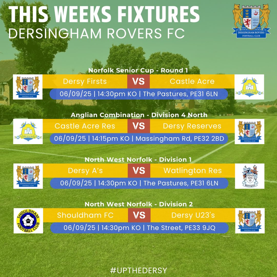 Upcoming Fixtures 📆

All 4 men’s teams in action.

It’s a double header with Castle Acre. The first team are hosting the first round of the senior cup!

Joins us from 1.30pm for a fully stocked bar and hot food hospitality! 

#UPTHEDERSY 💙💛🖤