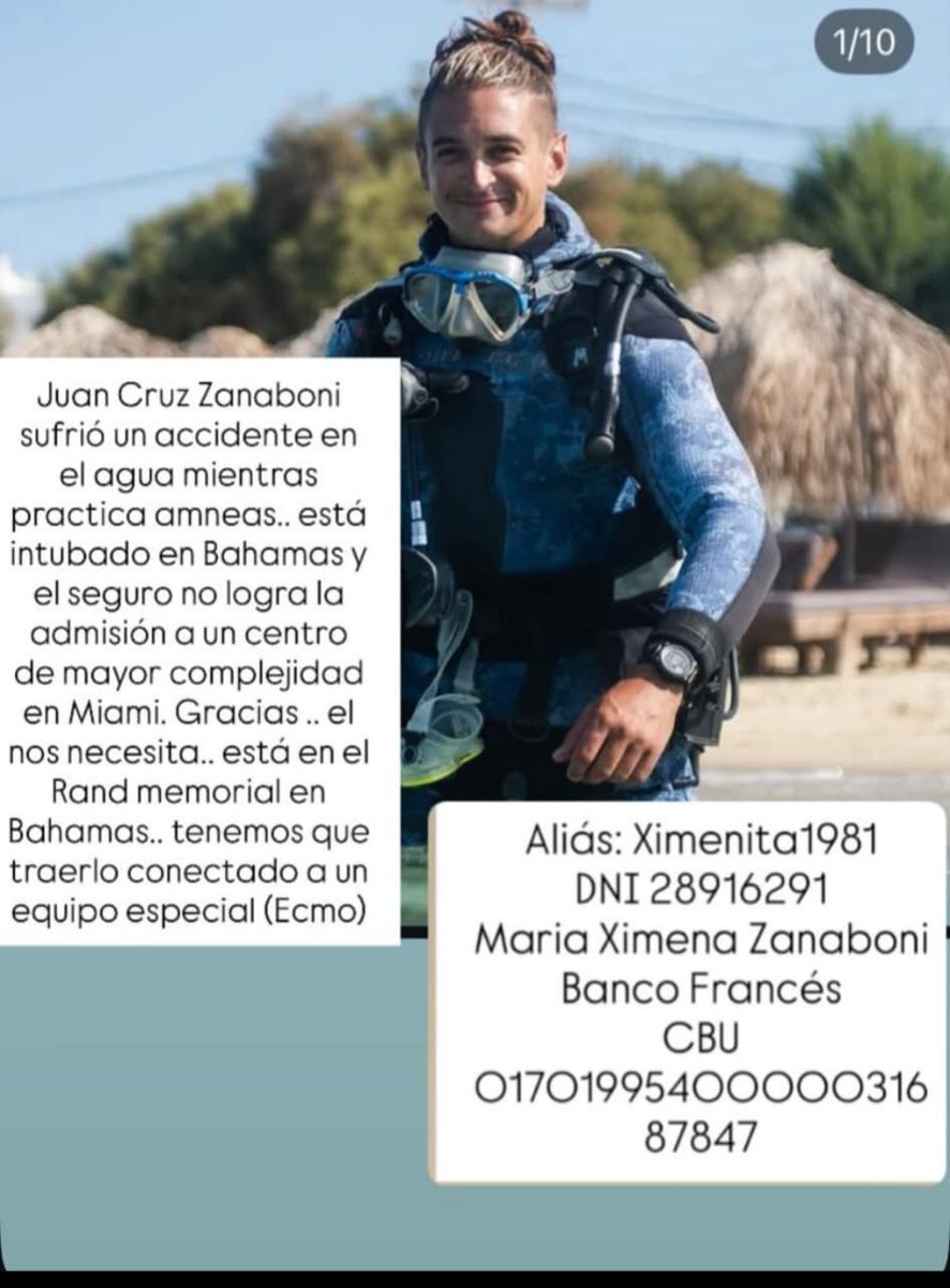 ⚠️ Llamado a la solidaridad 🙏
Juan Cruz Zanaboni, buzo y vecino de Puerto Pirámides, sufrió un black out en una práctica de apnea seguido de ahogamiento.
Necesita ser trasladado y cuesta u$200.000.
Se puede colaborar en el CBU provisto por su hermana 👇