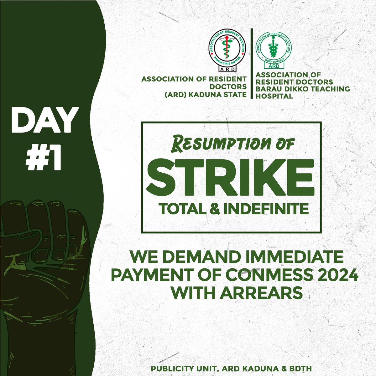 ARD_Kaduna_'s tweet photo. ARD KADUNA/BDTH STRIKE DAY 1 

The State government has failed to implement CONMESS 2024 after signing  a MoU 3 months ago for full implementation by August 5th. 
We are still stuck on CONMESS 2014. 
This is unacceptable! 
We demand immediate payment of CONMESS 2024 with arrears https://t.co/9LzLZHlzb3