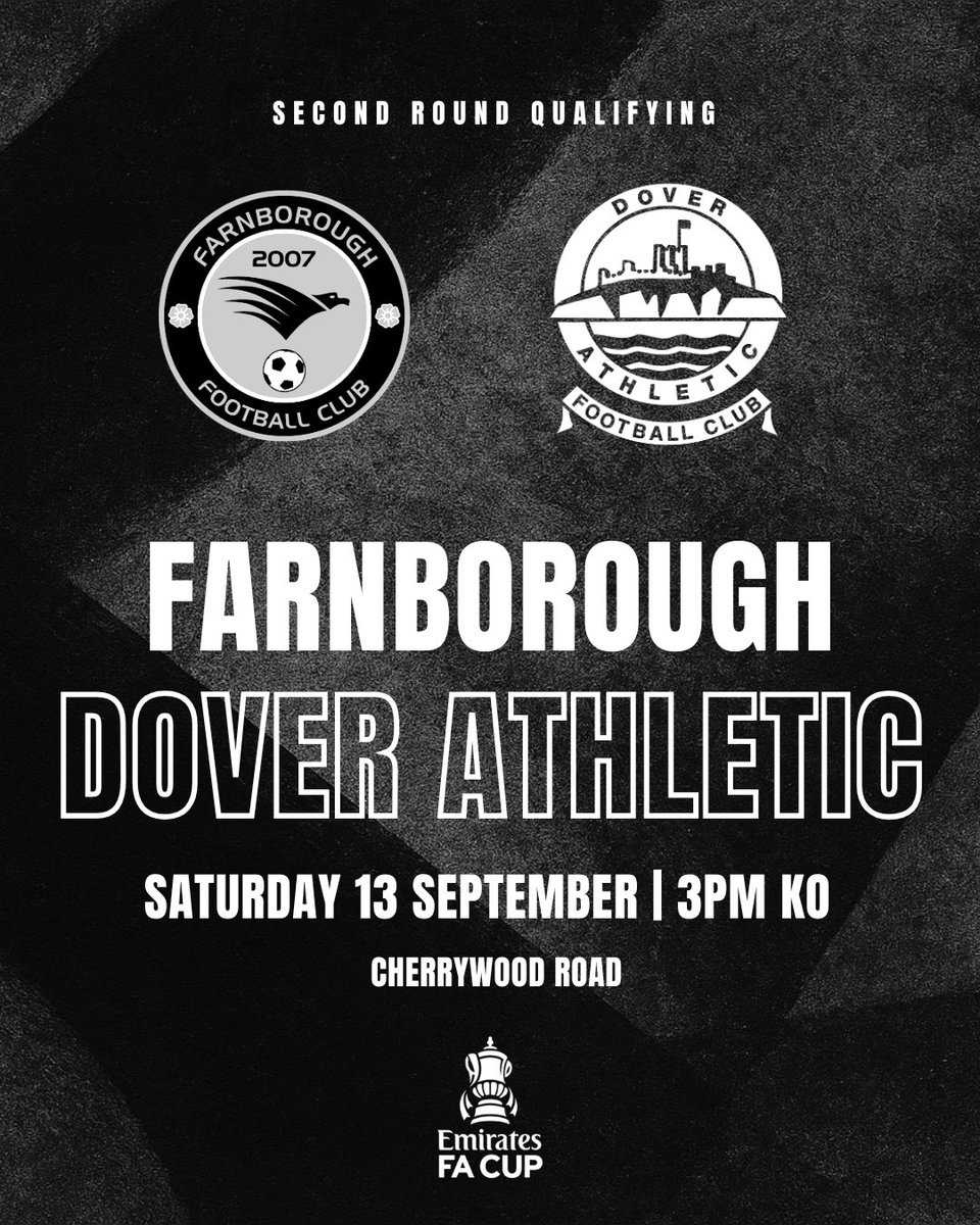 Dover Athletic FC (@doverathletic) on Twitter photo 🏆 𝗙𝗔 𝗖𝗨𝗣 𝗗𝗥𝗔𝗪
We will be away to Farnborough in the second round qualifying of the <a href="/EmiratesFACup/">Emirates FA Cup</a>.
The tie will take place on Sat 13th September at Cherrywood Road.
#DAFC | ⚪⚫️ 🏆 𝗙𝗔 𝗖𝗨𝗣 𝗗𝗥𝗔𝗪
We will be away to Farnborough in the second round qualifying of the <a href="/EmiratesFACup/">Emirates FA Cup</a>.
The tie will take place on Sat 13th September at Cherrywood Road.
#DAFC | ⚪⚫️