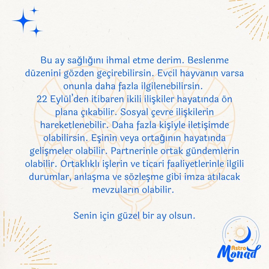 #Eylül bol gündemle kapımızı çalıyor!🌟Peki Koç burcunu bu ay neler bekliyor? Sorunun cevabı burada!♈✨Öngörüleri yükselen burcuna göre okumayı unutma! 😊

#AstroMonad #Astroloji #DoğumHaritası #Burçlar #Koç #KoçBurcu #KoçBurcuKadını #KoçBurcuErkeği #AstrolojiGünlüğü #BurçYorumu
