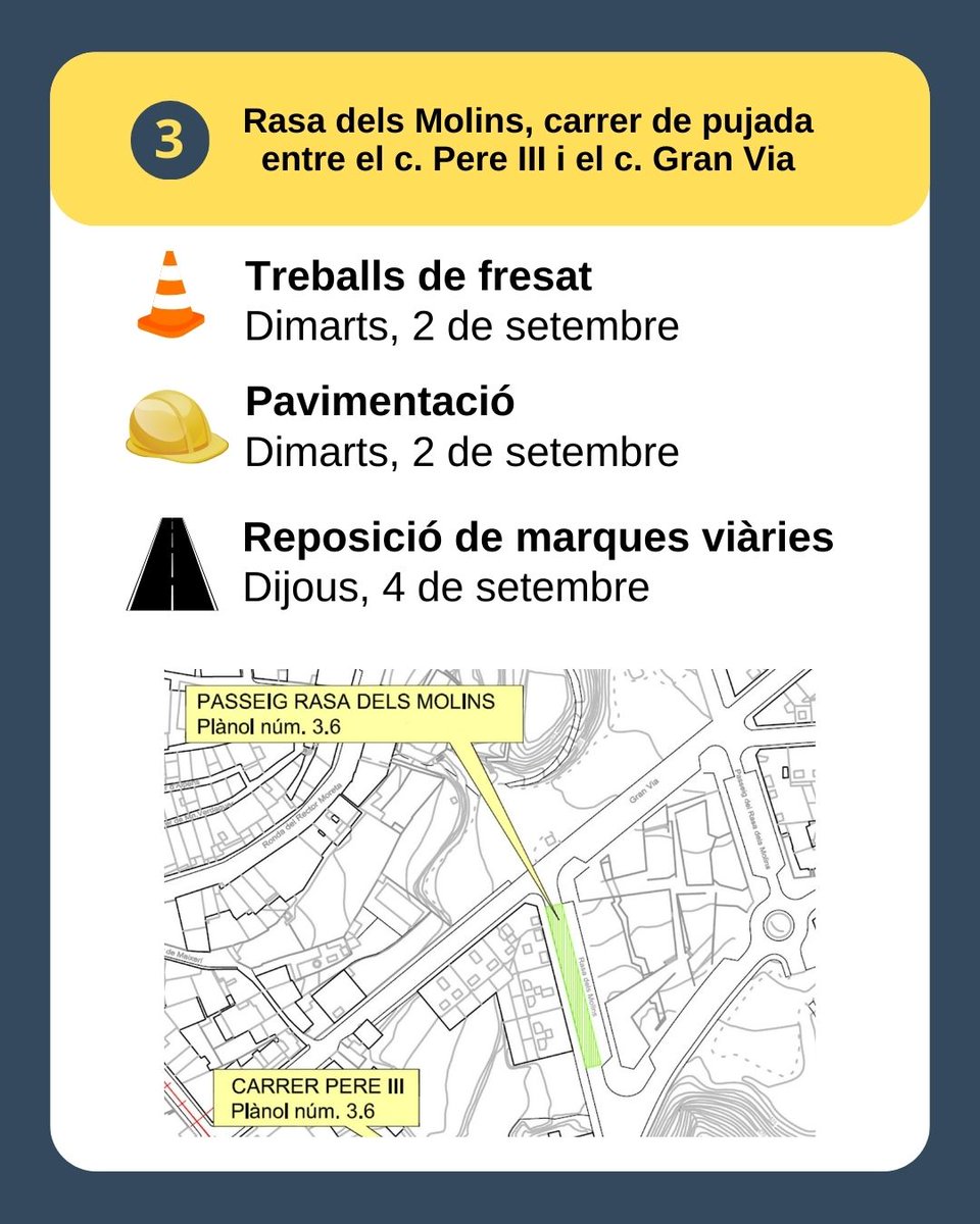 🚧 Del 2 al 5 de setembre es portaran a terme obres de pavimentació en diversos carrers de la ciutat. 

⚠️ L’actuació implicarà treballs de fresat, sanejament, pavimentació i reposició de marques viàries, fet que comportarà afectacions de trànsit i la prohibició d’estacionament.