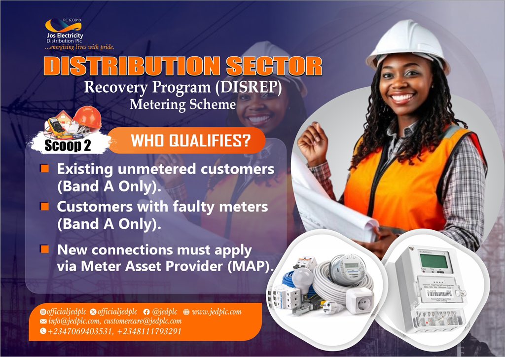 officialjedplc's tweet photo. A few fact on who qualifies for the DISREP Meters.
• Existing unmetered customers
(Band A Only).
• Customers with faulty meters (Band A Only).
• New connections must apply via Meter Asset Provider (MAP).
#jedplc #energizingliveswithpride #disrep https://t.co/3B5WDQ1LIR