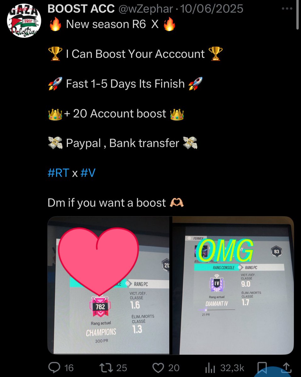 New season HIGH STAKES 🌺

🏆 I Boost Your Acccount 🏆

👑 Fast 1-5 Days Its Finish  👑

💸 Paypal, Bank Transfer  💸

⚡️ + 20 account boost last szn ⚡️

#RT and #V 

Dm if you want boost ❤️