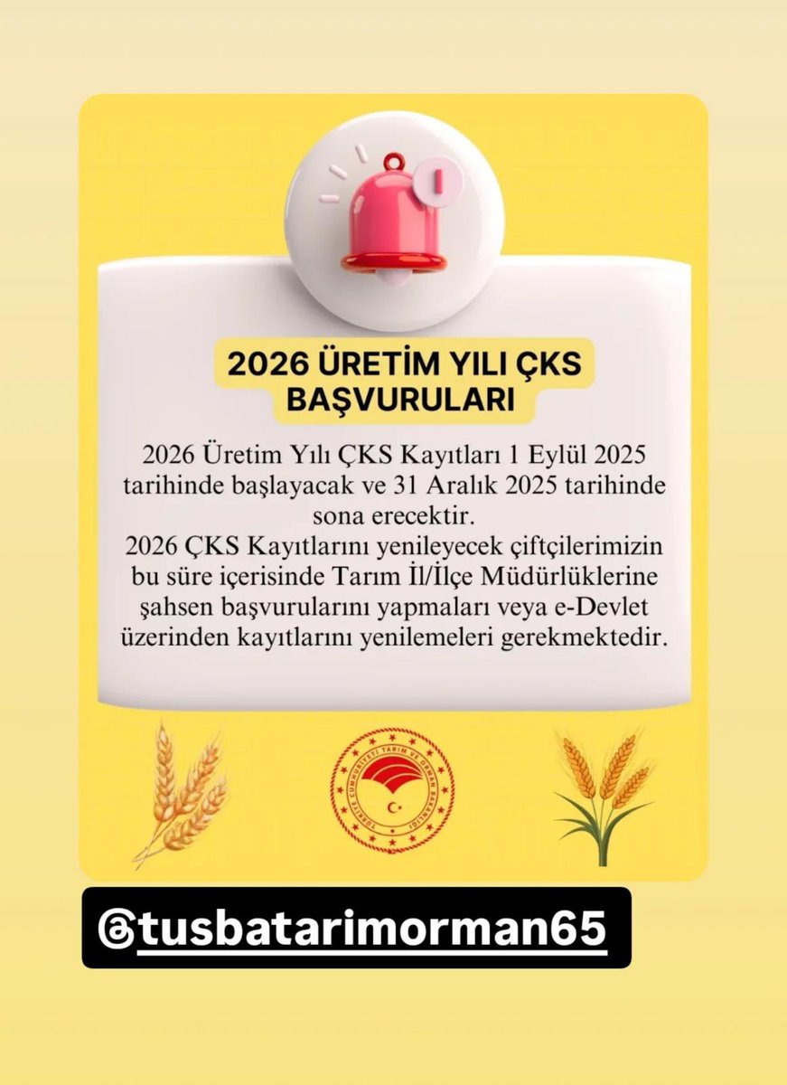Tuşba İlçe Tarım ve Orman Müdürlüğü (@tusbatarimorman) on Twitter photo 2026 ÜRETiM YILI ÇKS
BASVURULARI BAŞLAMILTIR TÜM ÜRETİCİLERİMİZE DUYURULUR ‼️ 📢 📣<a href="/valiozanbalci75/">Ozan Balcı</a> <a href="/musagoktas_/">Musa Göktaş</a> <a href="/trgyssmn/">Turgay ŞİŞMAN</a> <a href="/bulentveziroglu/">Bülent VEZİROĞLU</a> 2026 ÜRETiM YILI ÇKS
BASVURULARI BAŞLAMILTIR TÜM ÜRETİCİLERİMİZE DUYURULUR ‼️ 📢 📣<a href="/valiozanbalci75/">Ozan Balcı</a> <a href="/musagoktas_/">Musa Göktaş</a> <a href="/trgyssmn/">Turgay ŞİŞMAN</a> <a href="/bulentveziroglu/">Bülent VEZİROĞLU</a>