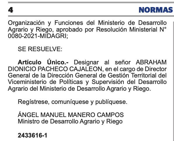 eloymarchan's tweet photo. El Gobierno ha nombrado director de Gestión Territorial del Ministerio de Desarrollo Agrario al ultrafujimorista Abraham Pacheco Cajaleón. El cargo maneja información sensible y mucho presupuesto.
Pacheco fue jefe de Movilización en las 3 campañas presidenciales de Keiko Fujimori https://t.co/pUE9PSKAfj