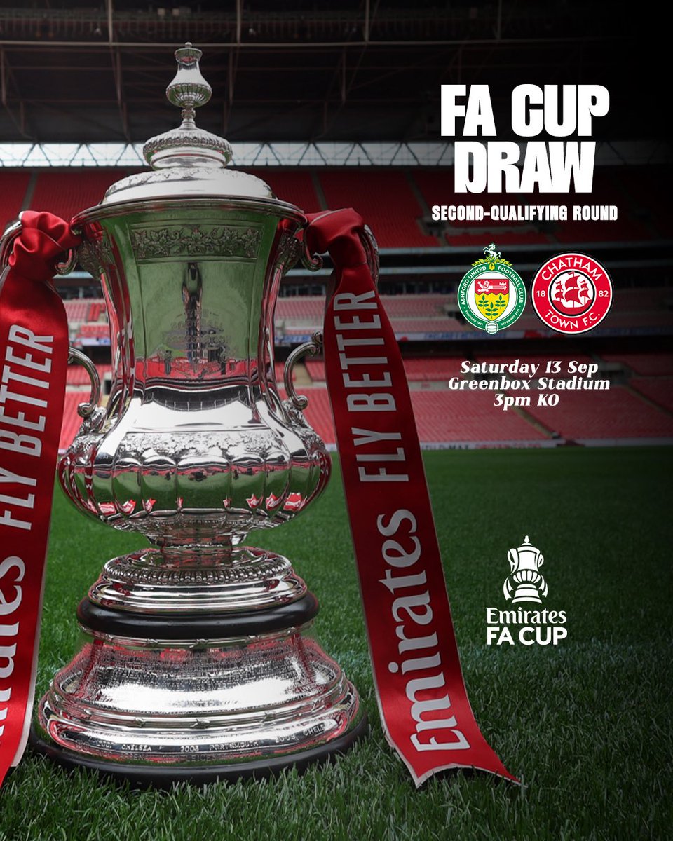 Chatham Town (@chathamtownfc) on Twitter photo 𝙁𝘼 𝘾𝙐𝙋 𝘿𝙍𝘼𝙒 🏆
We will take on <a href="/AshfordUnitedFC/">Ashford United FC</a> at the Greenbox Stadium in the second-qualifying round of the <a href="/EmiratesFACup/">Emirates FA Cup</a> on Sat 13 Sep.
🔴⚪️⚫️ #UpTheChats 𝙁𝘼 𝘾𝙐𝙋 𝘿𝙍𝘼𝙒 🏆
We will take on <a href="/AshfordUnitedFC/">Ashford United FC</a> at the Greenbox Stadium in the second-qualifying round of the <a href="/EmiratesFACup/">Emirates FA Cup</a> on Sat 13 Sep.
🔴⚪️⚫️ #UpTheChats