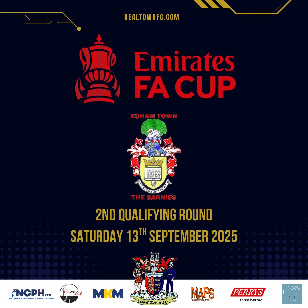 Deal Town FC (@dealtownfc) on Twitter photo 🏆| CONFIRMED
We will face <a href="/EghamTown/">Egham Town FC</a> at HOME in the <a href="/EmiratesFACup/">Emirates FA Cup</a> 2nd Qualifying Round.
Further details will follow in due course.
#COYH ⚫⚪ 🏆| CONFIRMED
We will face <a href="/EghamTown/">Egham Town FC</a> at HOME in the <a href="/EmiratesFACup/">Emirates FA Cup</a> 2nd Qualifying Round.
Further details will follow in due course.
#COYH ⚫⚪