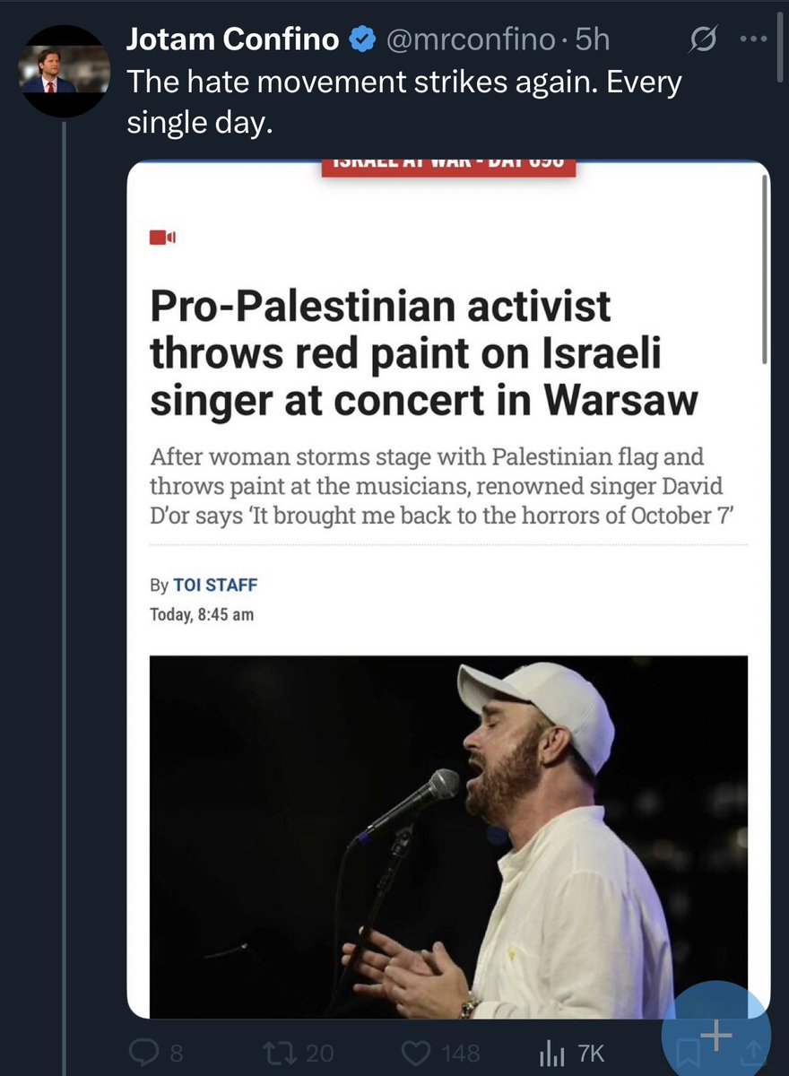 Hjalte Zacharewicz (@hjalteolsen) on Twitter photo Selv her, hvor jeg egentlig er enig med <a href="/mrconfino/">Jotam Confino</a> - fordi en israelsk musiker ikke skal stå for skud for sit lands forbrydelser - går Jotam alt for langt. Hadet bor i ham, hvorfor han tillader sig at konfluere den pro-palæstinensiske bevægelse med en “hate movement”.
Ekstremist Selv her, hvor jeg egentlig er enig med <a href="/mrconfino/">Jotam Confino</a> - fordi en israelsk musiker ikke skal stå for skud for sit lands forbrydelser - går Jotam alt for langt. Hadet bor i ham, hvorfor han tillader sig at konfluere den pro-palæstinensiske bevægelse med en “hate movement”.
Ekstremist
