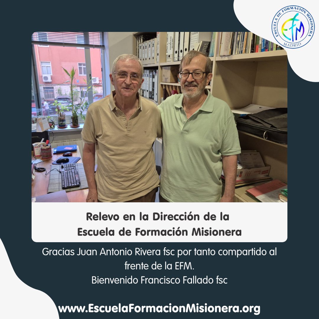A pocos días del inicio del nuevo curso, agradecemos a Juan Antonio Rivera fsc su dedicación al frente de la Escuela y damos la bienvenida a Francisco Fallado fsc quien,  se incorpora en la dirección de la Escuela.
#VidaMisionera #MatrículaAbierta EscuelaFormacionMisionera.org