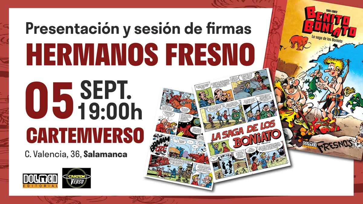 Si creciste leyendo tebeos en los 80 y 90, seguro que recuerdas a Benito Boniato.

El 5 de septiembre a las 19 h. los Hermanos Fresno presentan y firman la nueva edición publicada por Dolmen Editorial.

👉 Entrada libre

#BenitoBoniato #ComicEspañol #Salamanca