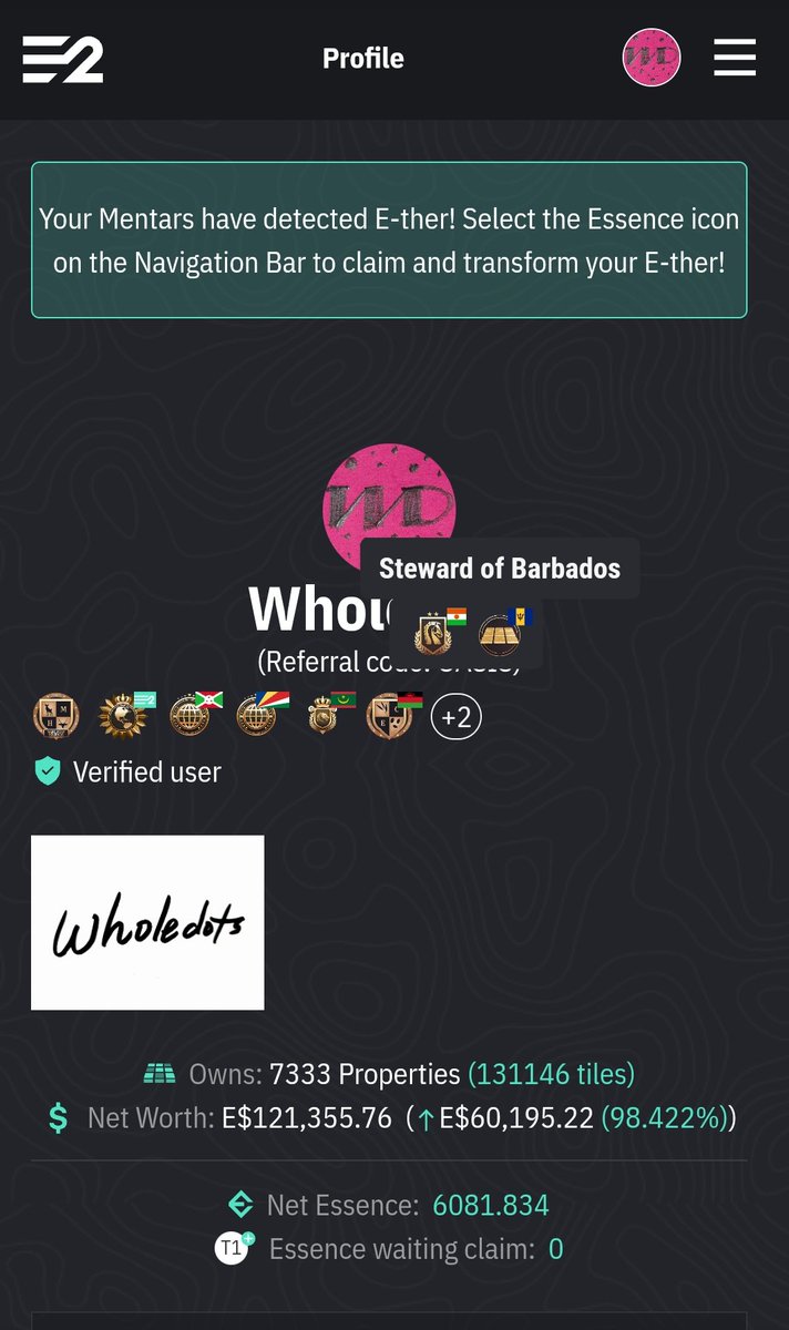 I earned 8 badges in #Earth2. I earned the "Marquis" badge for having over 100,000 tiles in total. This represents 1st place in Disputed Territory and  3rd place in Burundi and Seychelles. With the multiplayer and gliding updates, and now the badge system, the momentum is strong.