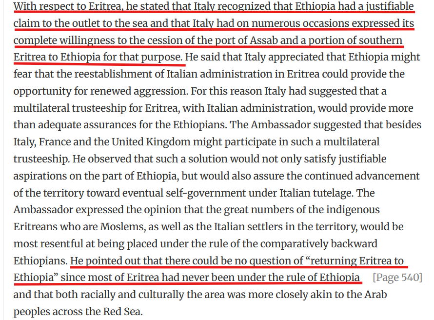 SirakBahlbi's tweet photo. The evidence documenting #Eritrea’s historic statehood and #Ethiopia’s expansionist land-grab ambitions is overwhelming. One striking example comes from declassified U.S. State Department minutes of a March 1949 meeting between Italian Ambassador Tarchiani and Secretary of State Dean Rusk, where it was noted: ‘Italy had on numerous occasions expressed its complete willingness to the cession of the port of Assab and a portion of southern Eritrea to Ethiopia.’

Yet, #Ethiopian expansionists continue to peddle the myth that Eritrea was nothing more than a colonial creation of Italy, and that it was only Italian occupation which denied them access to the sea—when in truth, the historical record tells a very different story.

Eritrea is always for #Eritreans and by Eritreans!