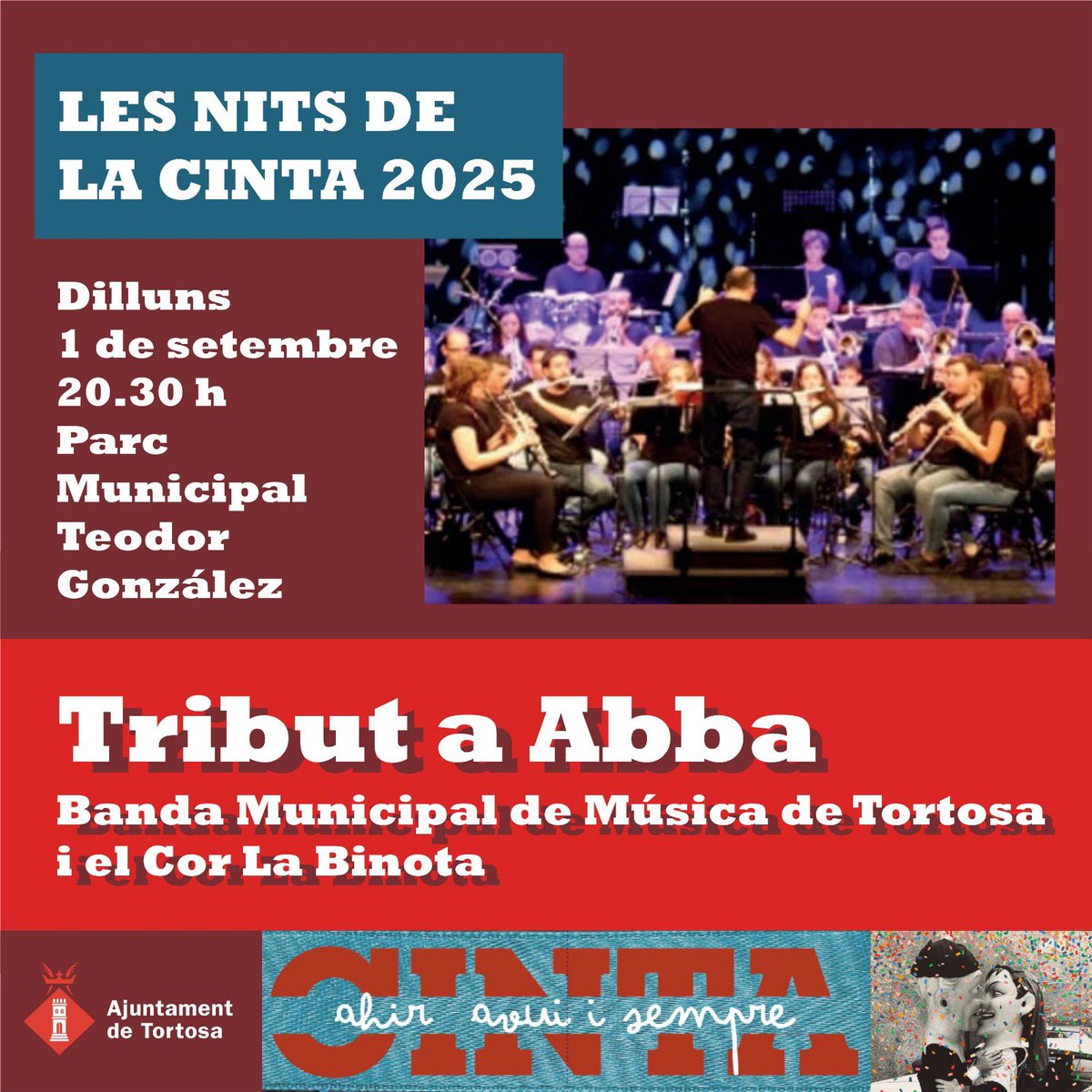 #CINTA2025 | 🎉Continuem amb els actes de les Festes de la Cinta: 

🎶Concert tribut a ABBA amb la Banda Municipal de Música i el cor la Binota
⏰20.30
📍Parc municipal Teodor Gonzàlez

📲Consulta aquí tota la programació www2.tortosa.cat/public_files/b…