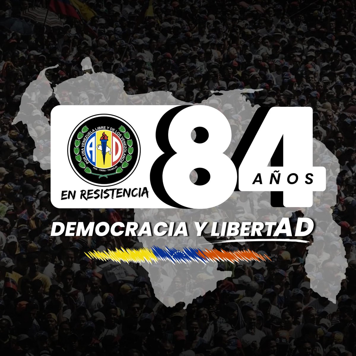 Este próximo #13Sep Acción Democrática arriba a su 84° aniversario. Presentamos con entusiasmo la imagen oficial de conmemoración. AD En Resistencia al servicio de todos los venezolanos. 
#84AñosADEnResistenciaConVzla
